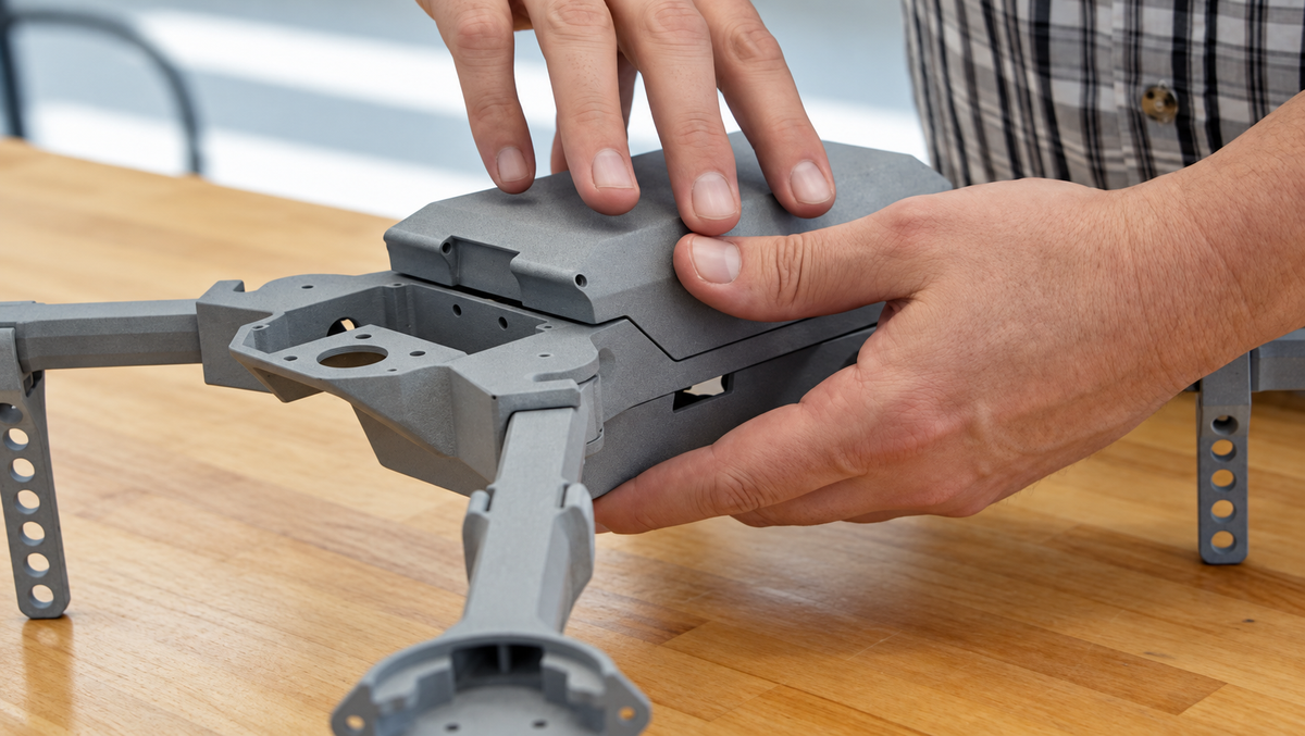 Assembly of a grey drone frame and body cover on a workbench