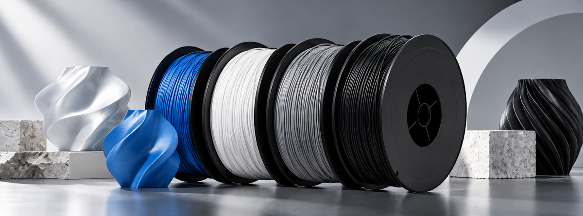 Blue, white, grey and black filament spools with 3D printed spiral vases