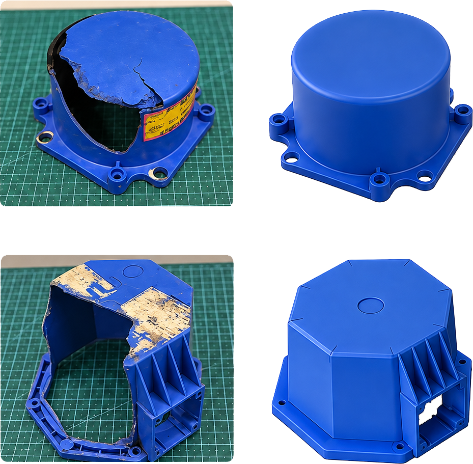 Broken housings and CAD reconstructions of the missing geometry.