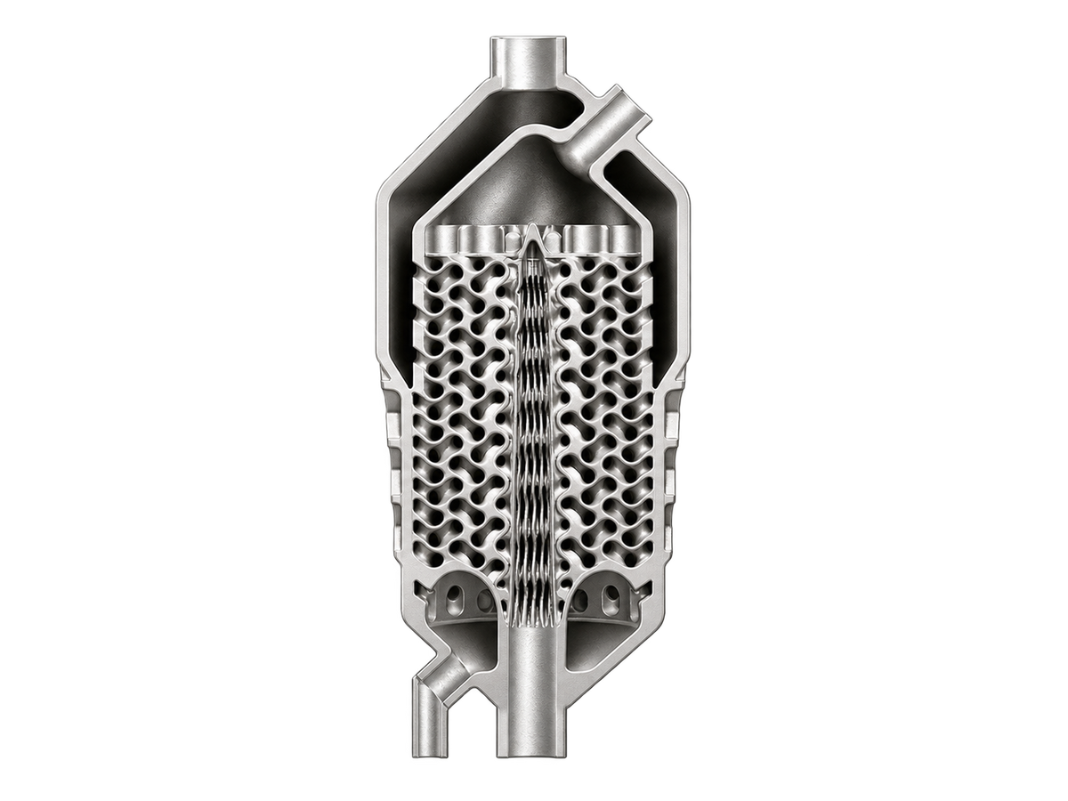 Cutaway of a 3D printed metal heat exchanger showing complex internal channels