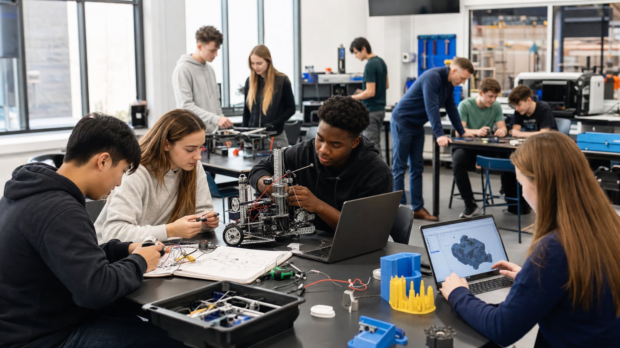 High school students working in a robotics and technology lab
