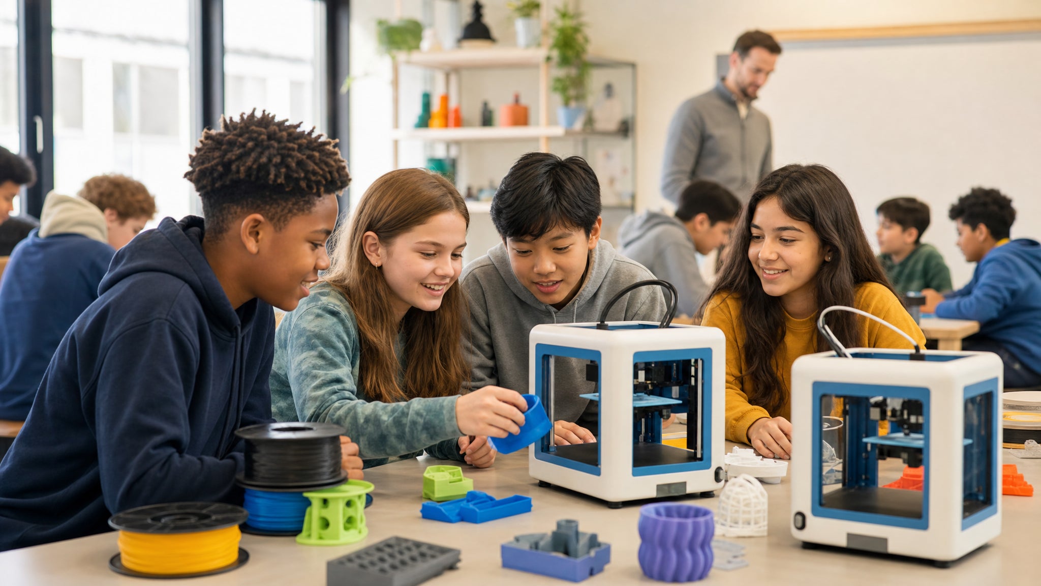 Middle school pupils discovering digital fabrication in a classroom