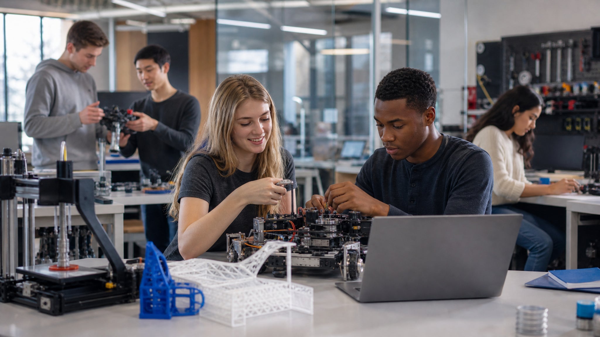 University students collaborating in an engineering maker lab